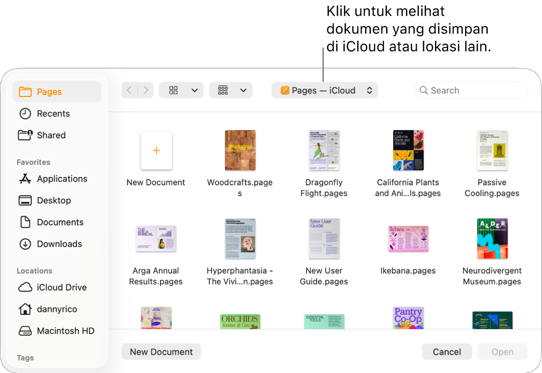 Dialog Buka dengan bar samping terbuka di sebelah kiri dan iCloud Drive dipilih di menu pop-up di bagian atas. Folder Pages muncul di jendela dialog, bersama dengan tombol Buat Dokumen Baru.