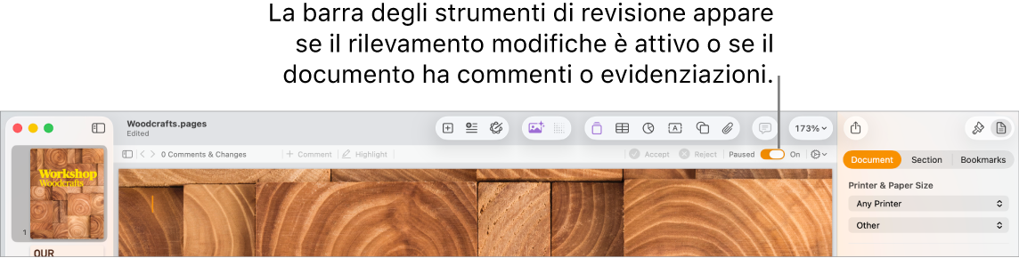 barra strumenti di Pages con il rilevamento delle modifiche attivato e la barra strumenti di revisione sotto la barra strumenti di Pages.