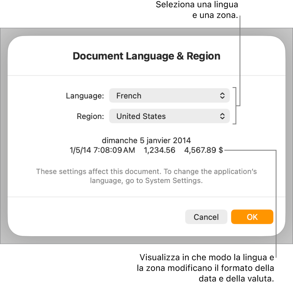 Il pannello “Lingua e zona” con i controlli per lingua e zona e un esempio di formato che include data, ora, numeri decimali e valuta.
