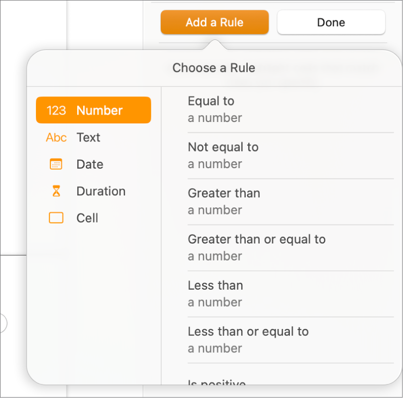 Pulsanti per la creazione di regole di evidenziazione condizionale per le celle.