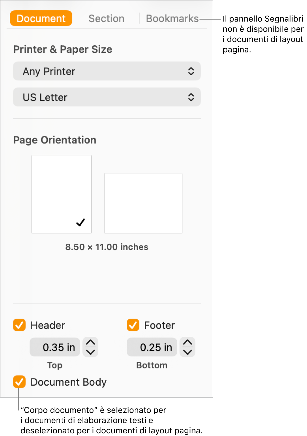 La barra laterale Formattazione, con i pannelli Documento, Sezione e Segnalibri nella parte superiore. Il pannello Documento è selezionato e una didascalia del pannello Segnalibri indica che i documenti di layout pagina non dispongono di un pannello Segnalibri. Il riquadro “Corpo documento” è selezionato, che indica anche che si tratta di un documento di elaborazione di testo.