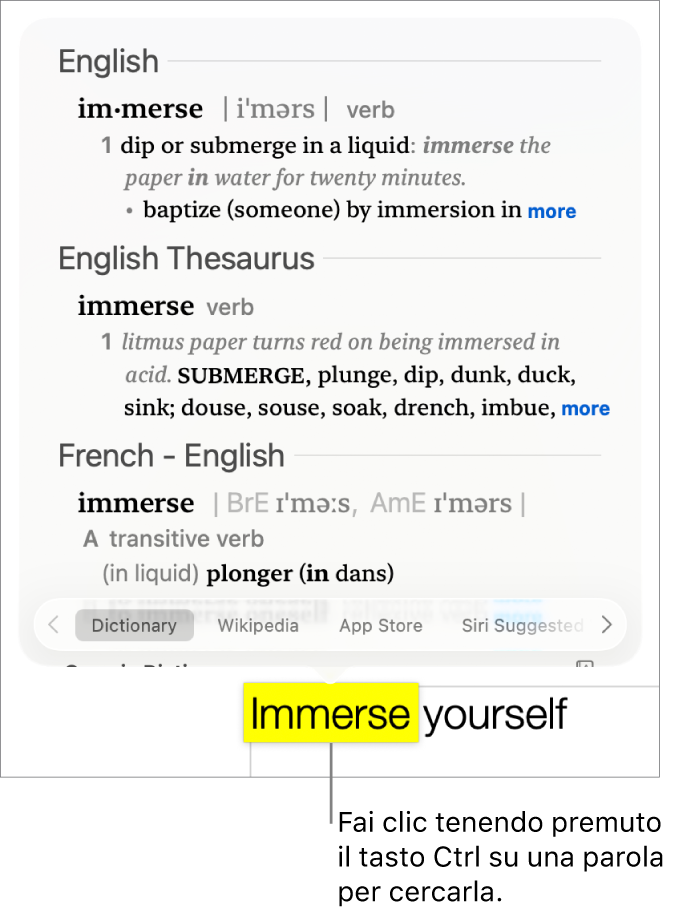 Un paragrafo con una parola evidenziata e una finestra che mostra la definizione insieme a una voce dei sinonimi e contrari Pulsanti nella parte inferiore della finestra forniscono i link al dizionario, a Wikipedia e ai siti web suggeriti da Siri.