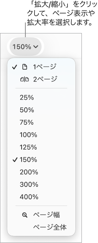 「拡大/縮小」ポップアップメニュー。上部に1ページまたは2ページを表示するオプション、その下に25%～400%の範囲のパーセント表示、下部に「ページ幅」と「ページ全体」があります。