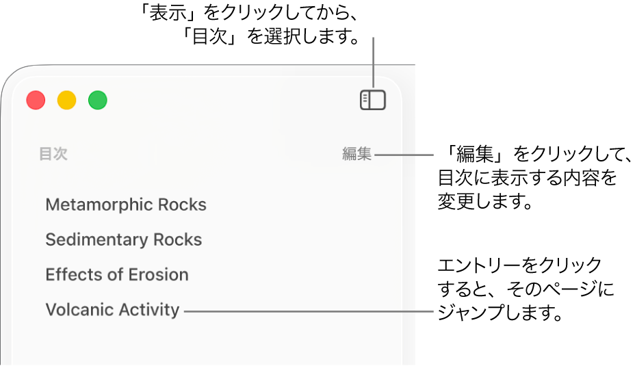 「Pages」ウインドウの左側の目次。サイドバーの右上隅に「編集」ボタンが表示され、リストに目次のエントリーが表示されています。