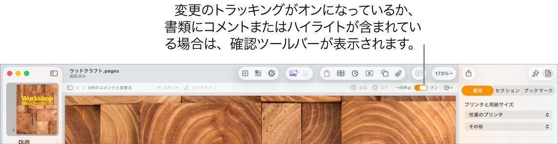 「変更のトラッキング」がオンになっているPagesのツールバー。下にレビューツールバーが表示されています。