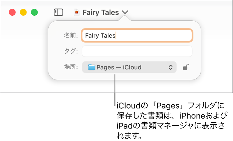 書類の「保存」ダイアログ。「場所」ポップアップメニューで「Pages — iCloud」が選択されている状態。
