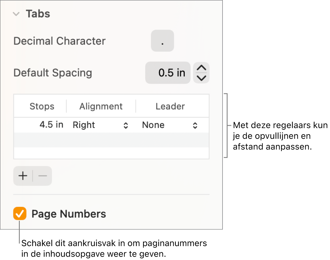 Het gedeelte 'Tabs' in de navigatiekolom 'Opmaak'. Onder 'Standaardafstand' staat een tabel met de kolommen 'Stops', 'Uitlijning' en 'Opvultekens'. Het aankruisvak 'Paginanummers' onder de tabel is ingeschakeld.