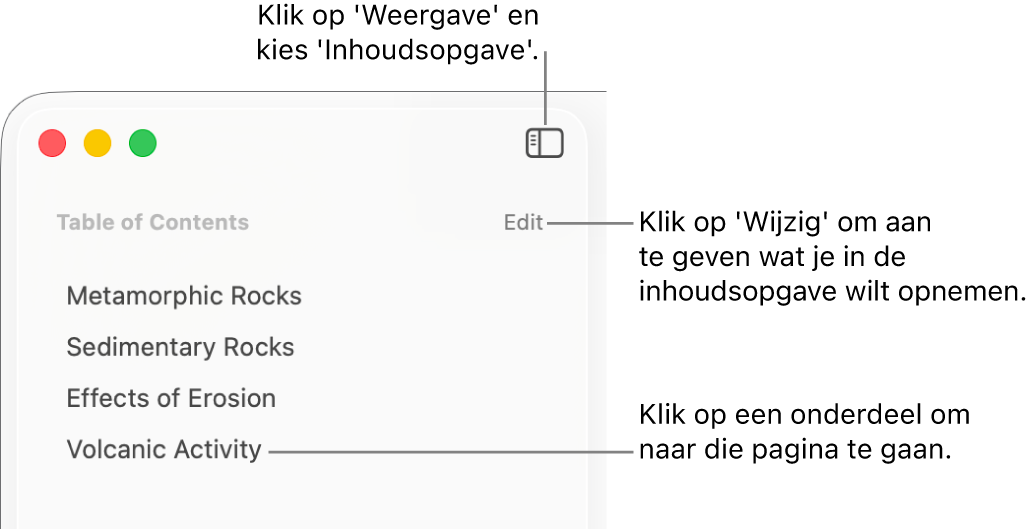 De inhoudsopgave aan de linkerkant van het Pages-venster met daarin een lijst met titels en rechtsboven in de navigatiekolom de knop 'Wijzig'.
