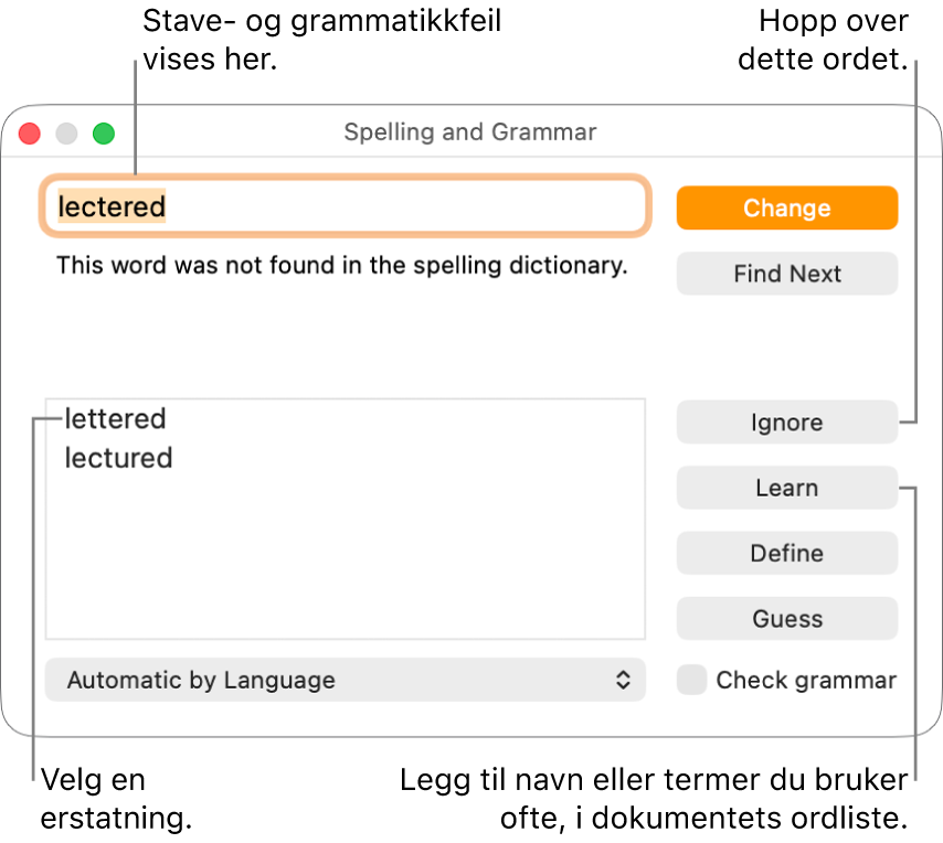 Stavekontroll og grammatikk-vinduet.
