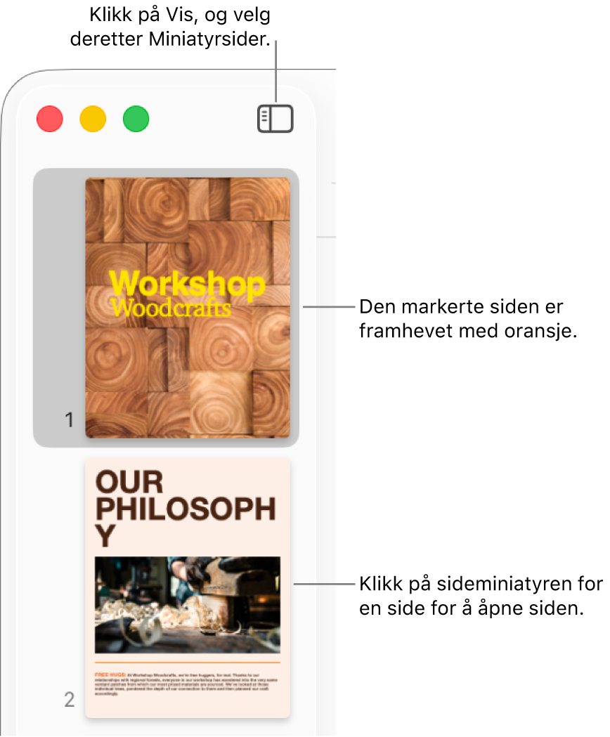 Sidepanelet til venstre for Pages-vinduet med sideminiatyrvisning åpent og en markert side uthevet i mørk oransje.