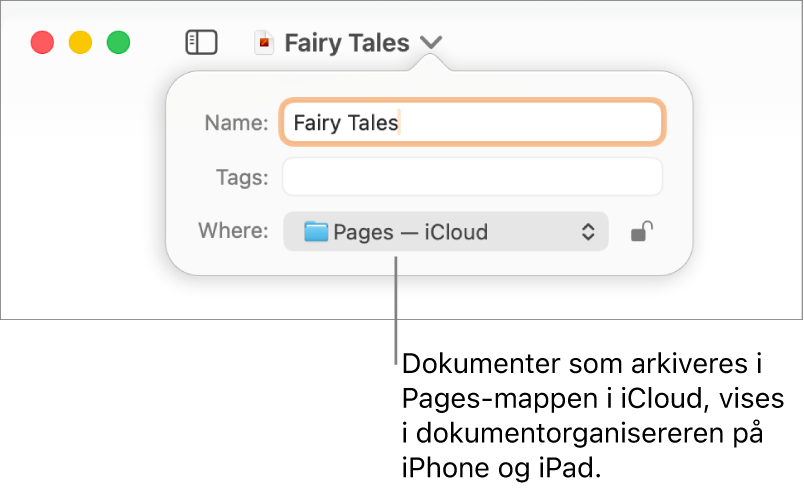 Arkiver-dialogruten for et dokument med Pages – iCloud i Hvor-lokalmenyen.