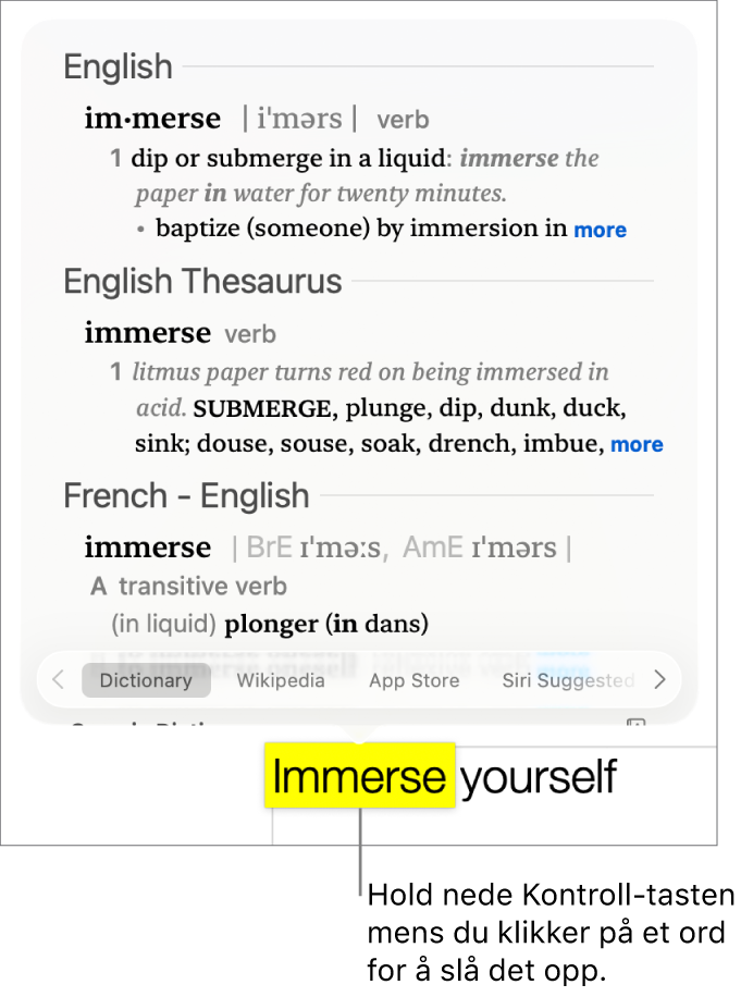 Et avsnitt med et uthevet ord og et vindu som viser definisjonen og en synonymordbokoppføring. Knappene nederst i vinduet har lenker til ordboken, Wikipedia og nettsteder som Siri foreslår.