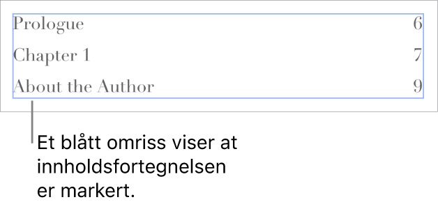 En innholdsfortegnelse som er satt inn i et dokument. Oppføringer viser overskrifter sammen med deres sidetall.
