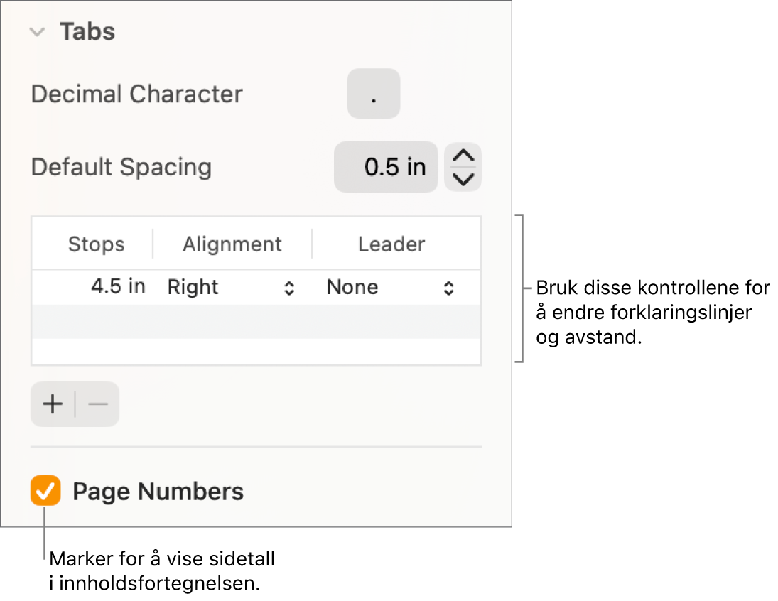 Tabulatorer-delen i Format-sidepanelet. Under Standardavstand er det en tabell med Stopp-, Justering- og Fylltegn-kolonner. En Sidetall-avkrysningsrute er markert og vises under tabellen.