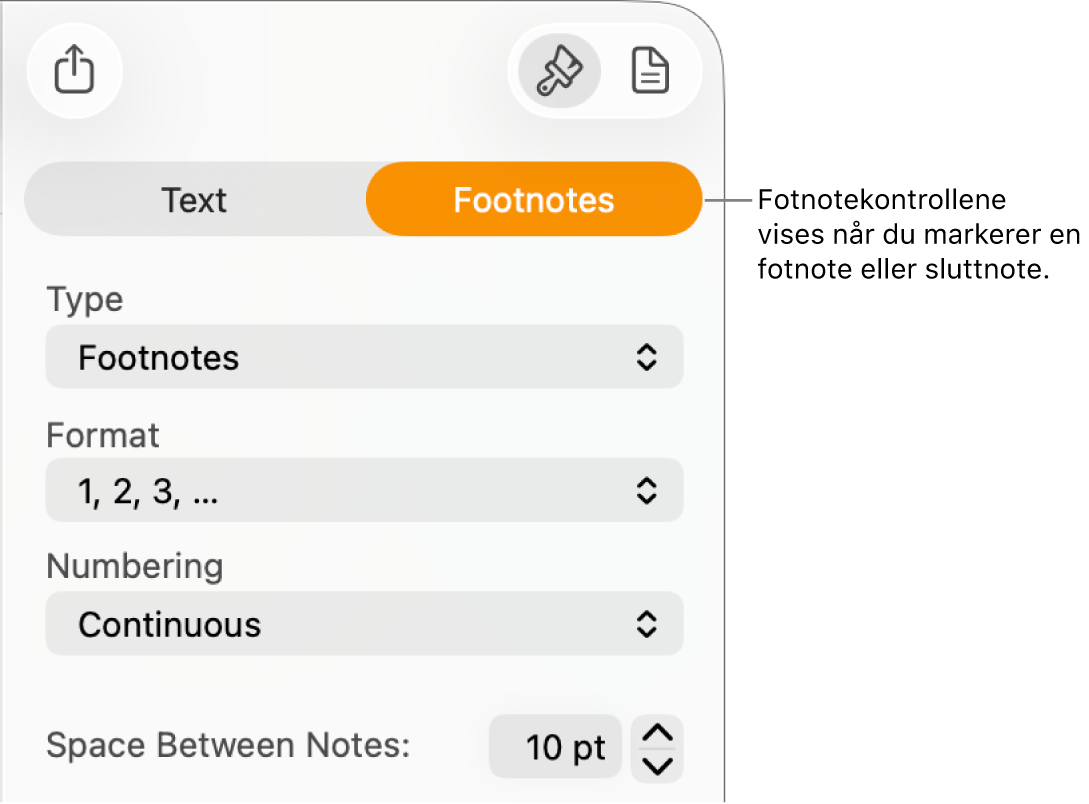 Fotnoter-panelet, som viser lokalmenyer for Type, Format, Nummerering og avstand mellom noter.