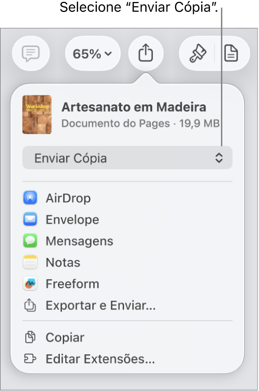 Menu Compartilhar com “Enviar Cópia” selecionado na parte superior.