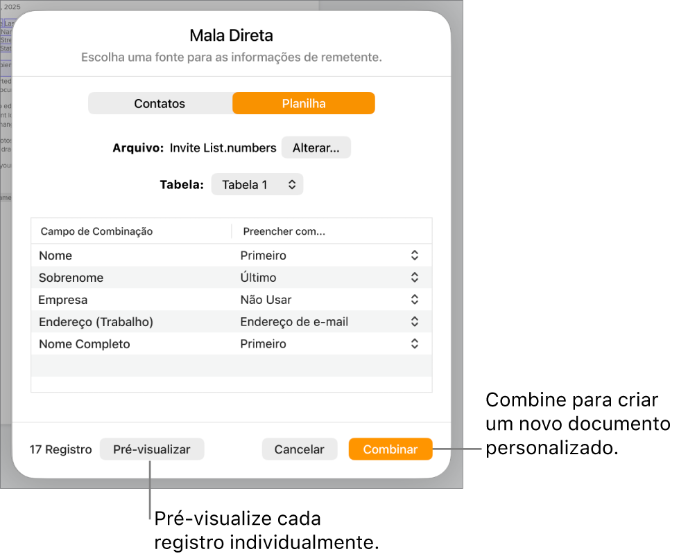 Painel Mala Direta aberto, com opções para alterar o arquivo ou tabela de origem, pré-visualizar os nomes dos campos de mala direta ou registros individuais, ou combinar o documento.