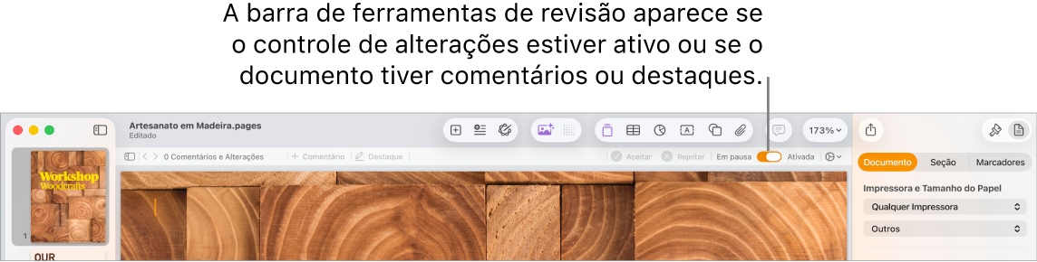 A barra de ferramentas do Pages com o controle de alterações ativado, e a barra de ferramentas de revisão abaixo da barra de ferramentas do Pages.