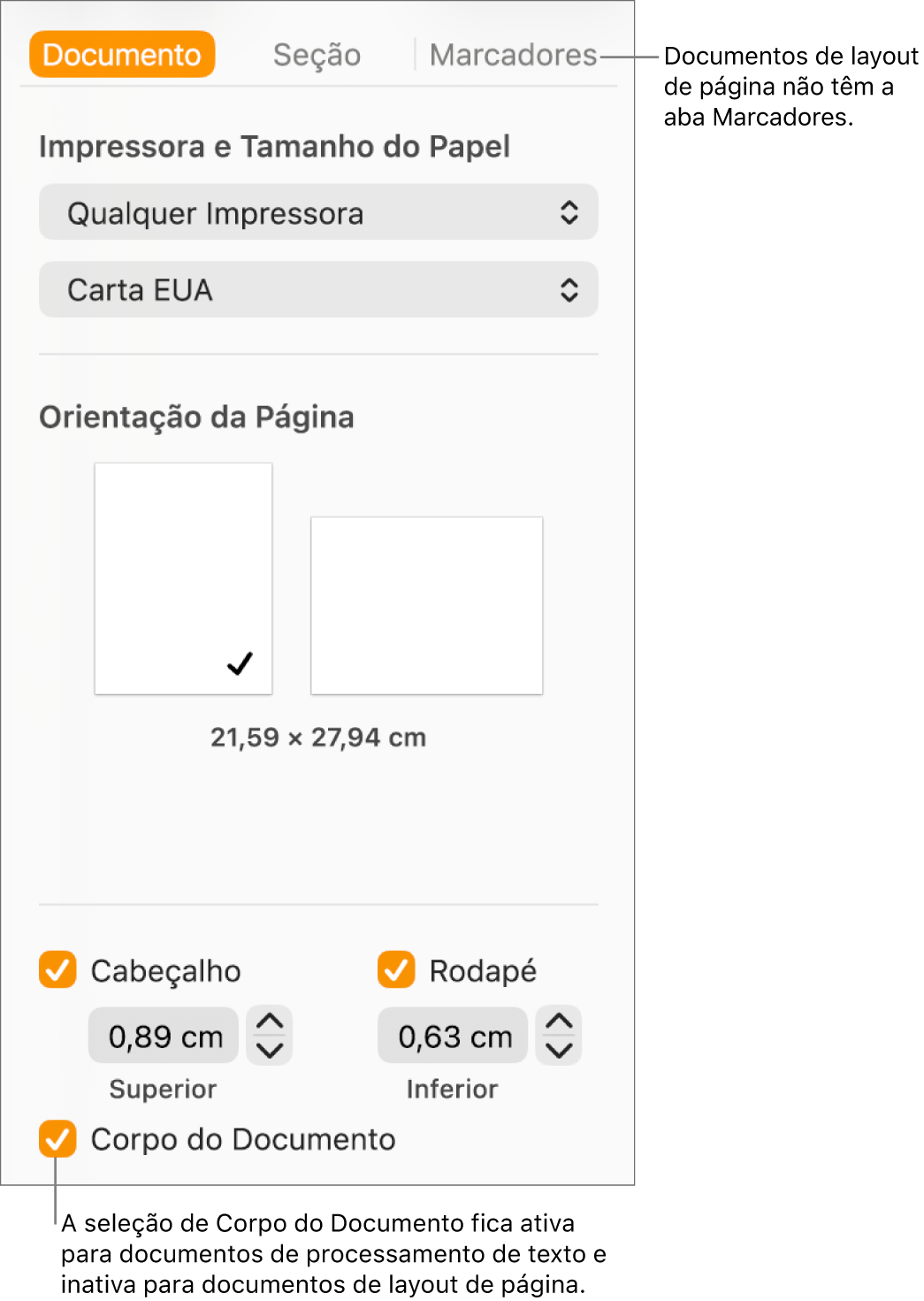 Barra lateral Formatar, com as abas Documento, Seção e Marcadores na parte superior. A aba Documento está selecionada e um balão explicativo para a aba Marcadores diz que documentos de layout de página não possuem a aba Marcadores. A opção Corpo do Documento está selecionada, o que também indica que este é um documento de processamento de texto.