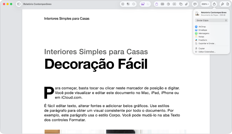 Um documento aberto com o menu Compartilhar aberto.