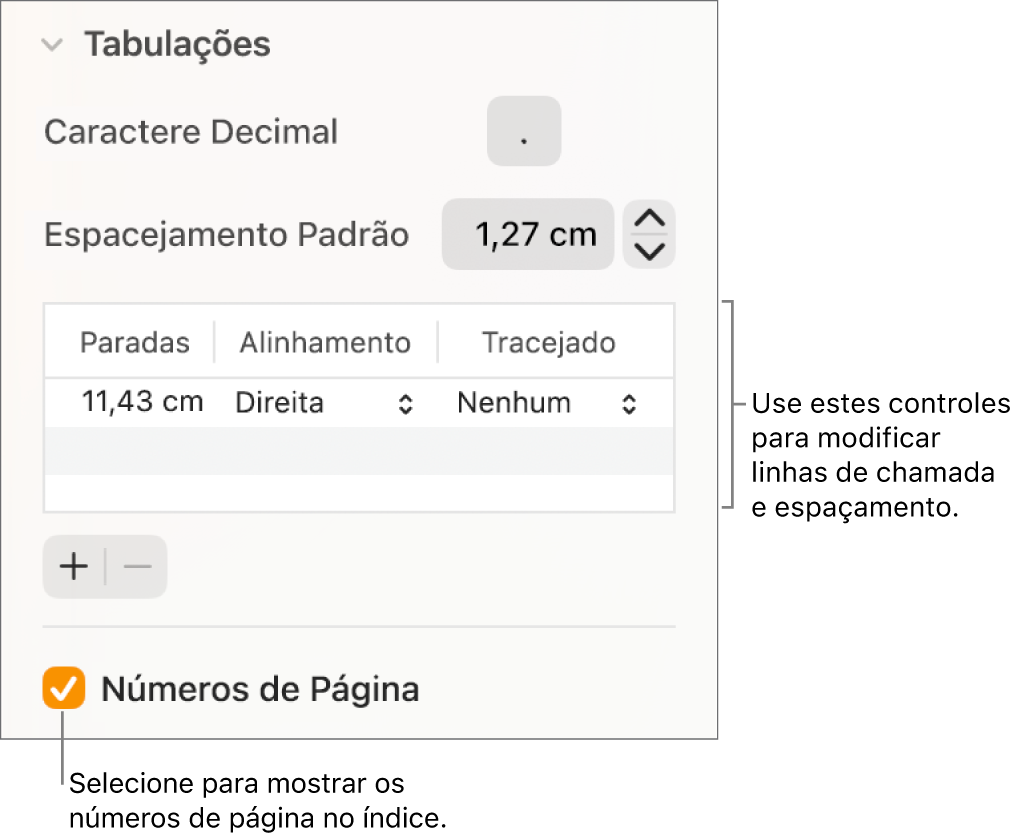 Seção Tabulações da barra lateral Formatar. Abaixo de Espacejamento Padrão aparece uma tabela com as colunas Paradas, Alinhamento e Tracejado. A opção Números de Página aparece selecionada abaixo da tabela.