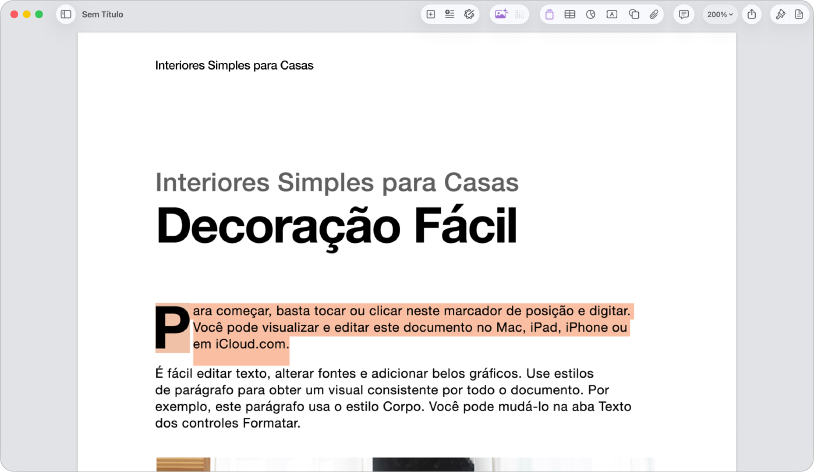 Em um documento aberto, um modelo de texto marcador de posição está selecionado.