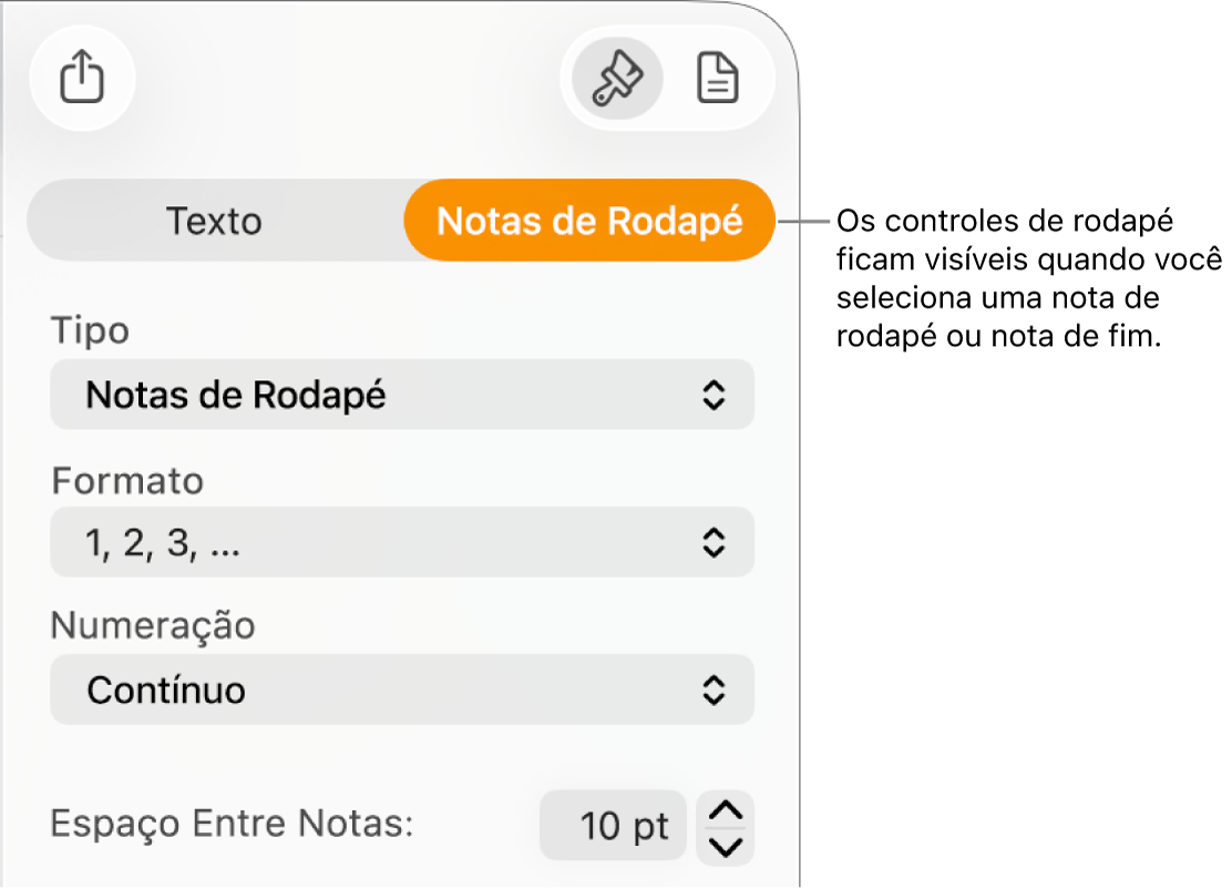 O painel Notas de rodapé, com menus locais para Tipo, Formato, Numeração e espaço entre notas.