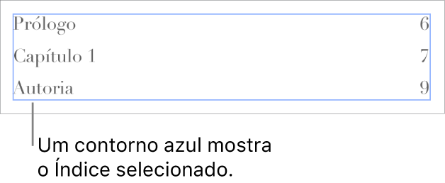 Um índice inserido em um documento. As entradas mostram títulos e seus números de página.