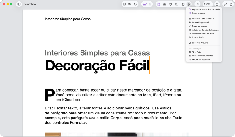 Um documento aberto com o menu Adicionar Mídia aberto.