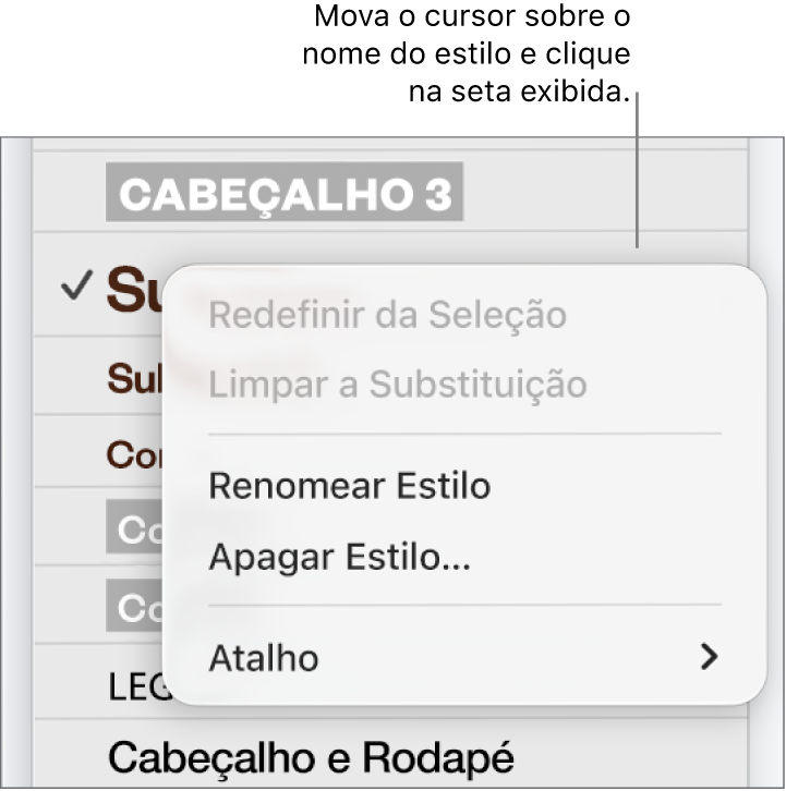 Menu Estilos de Parágrafo com o menu de atalhos aberto.