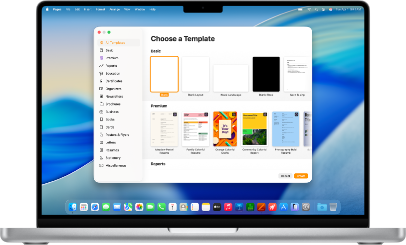 Um MacBook Pro com o seletor de modelos do Pages aberto no ecrã. A categoria “Todos os modelos” está selecionada à esquerda e os modelos preconcebidos aparecem à direita nas linhas por categoria.
