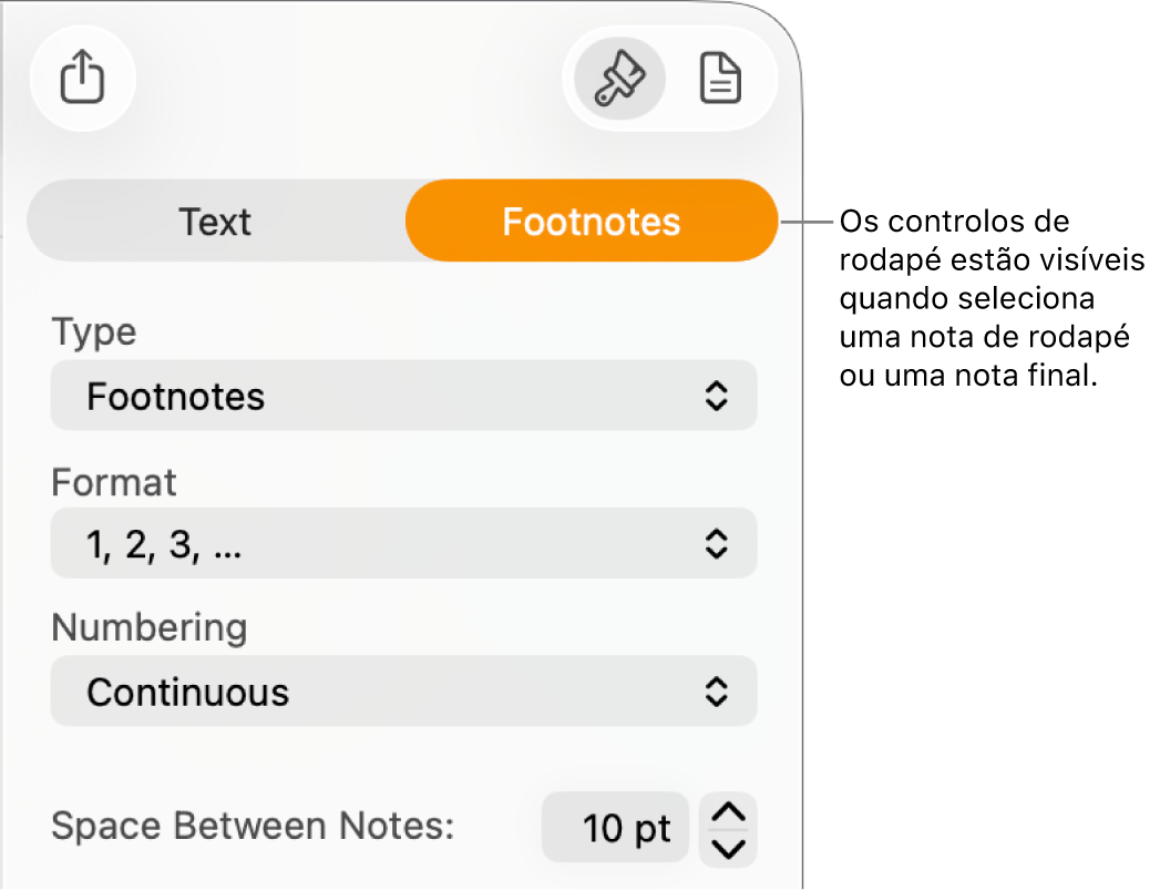 Painel “Notas de rodapé” a mostrar os menus pop-up “Tipo”, “Formato”, “Numeração” e espaço entre notas.