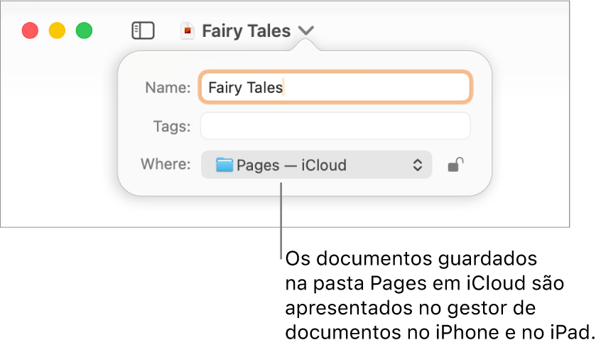 A caixa de diálogo Guardar de um documento com “Pages—iCloud” no menu pop-up "Onde”.