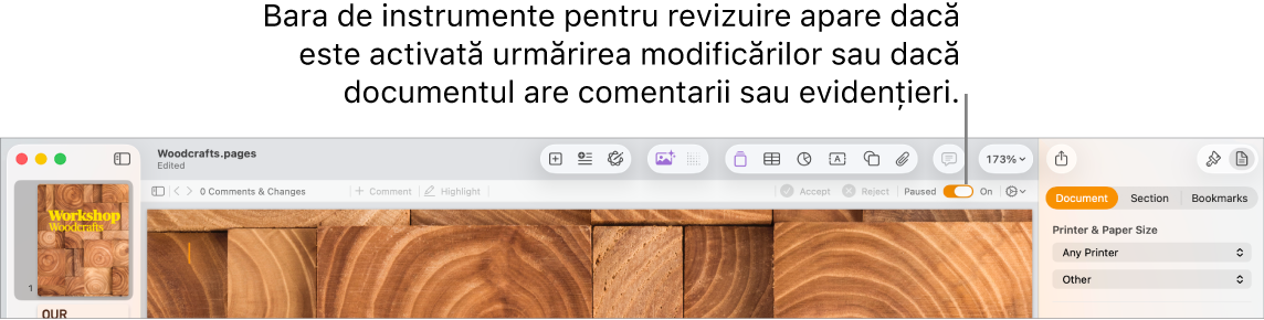 Bara de instrumente Pages cu urmărirea modificărilor activată și bara de instrumente pentru revizuire sub bara de instrumente Pages.