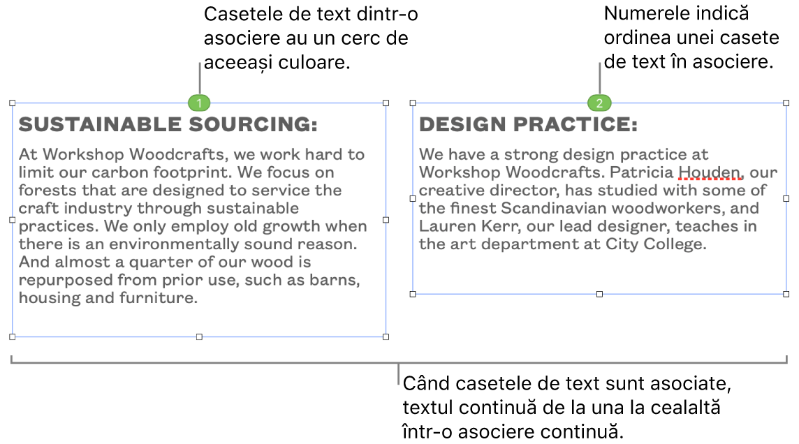 Două casete de text cu cercuri albastre în partea de sus și numerele 1 și 2 în cercuri.