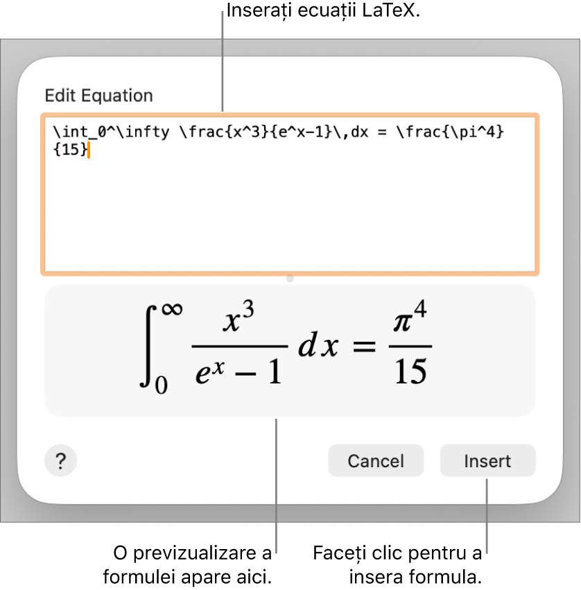 Formula cuadratică scrisă utilizând LaTeX în câmpul Ecuație și o previzualizare a formulei dedesubt.