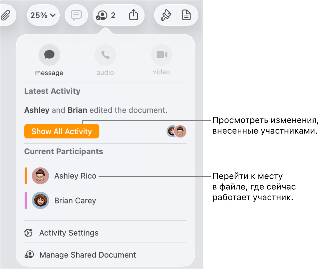 В меню совместной работы показаны двое активных участников.