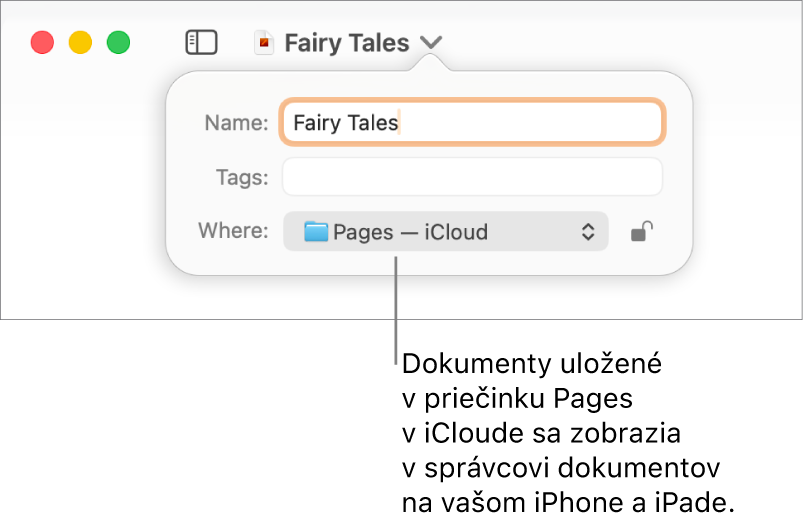 Dialógové okno Uložiť dokumentu Pages – iCloud vo vyskakovacom menu Miesto.