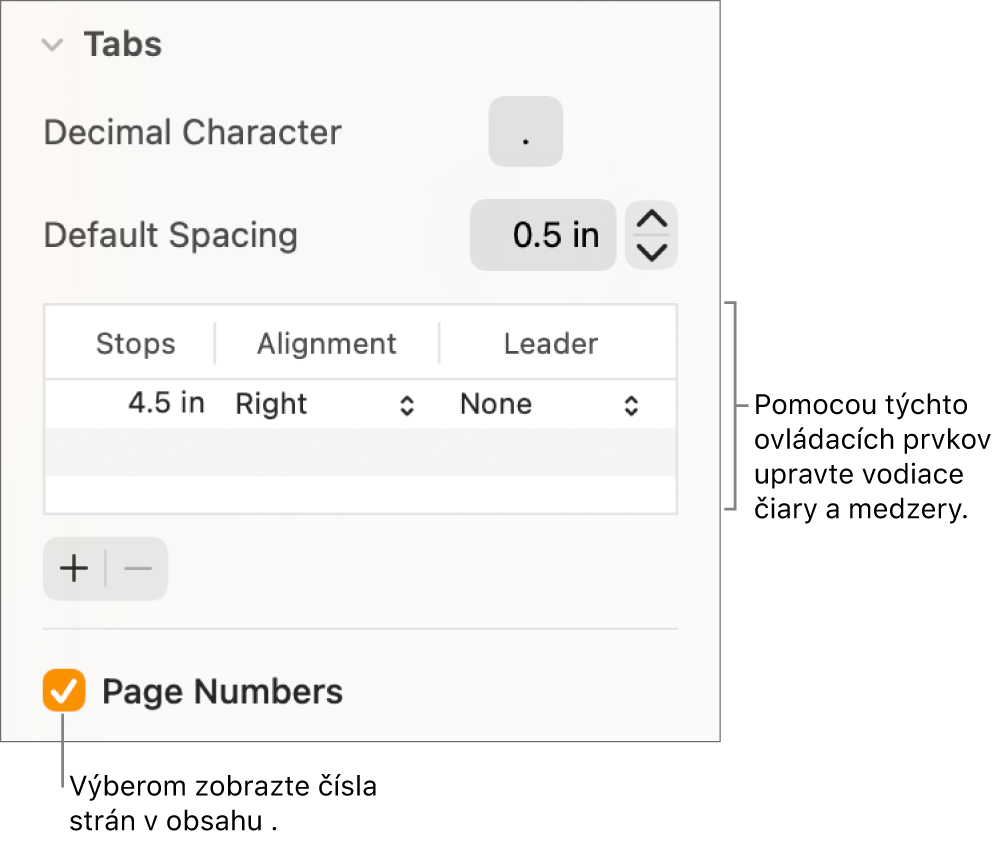 Časť Taby postranného panela Formát. Pod položkou Predvolené medzery sa nachádza tabuľka so stĺpcami Zarážky, Zarovnanie a Vodiaci znak. Pod tabuľkou je zaškrtnuté políčko Číslovanie strán.