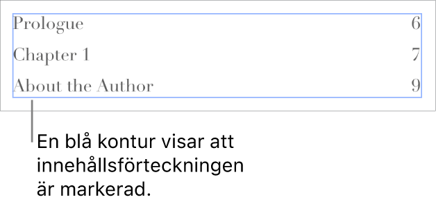 En innehållsförteckning infogad i ett dokument. Posterna visar rubriker och deras sidnummer.