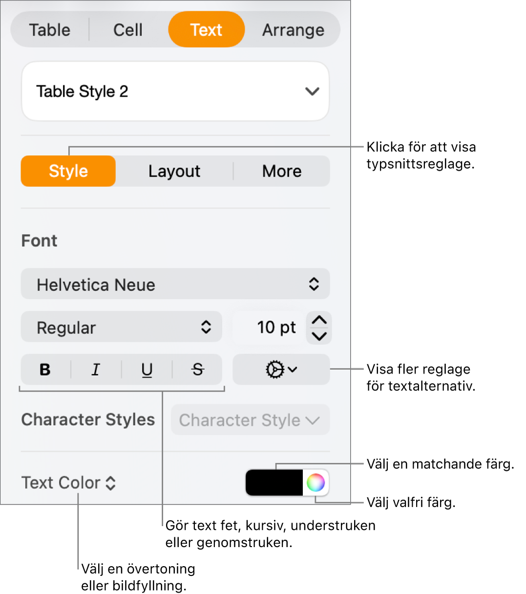 Stilreglage för tabelltext.