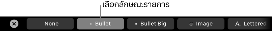 MacBook Pro Touch Bar พร้อมปุ่มควบคุมสำหรับเลือกลักษณะรายการ