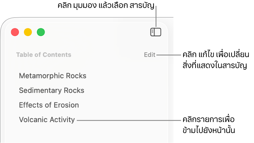 สารบัญที่ด้านซ้ายของหน้าต่าง Pages พร้อมกับปุ่มแก้ไขที่มุมขวาบนของแถบด้านข้างและรายการสารบัญในรูปแบบรายการ