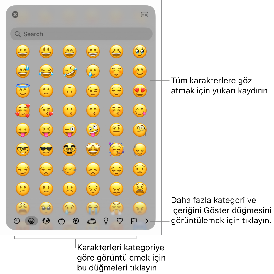 Emojileri, en altta farklı sembol kategorileri için düğmeleri ve daha fazla kategori gösterme düğmesi ile İçeriği Göster düğmesini gösteren Karakter Görüntüleyici.