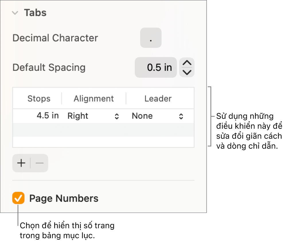 Phần Tab của thanh bên Định dạng. Bên dưới Giãn cách mặc định là một bảng với các cột Dừng, Căn chỉnh và Chỉ dẫn. Hộp kiểm Số trang xuất hiện được chọn và xuất hiện bên dưới bảng.