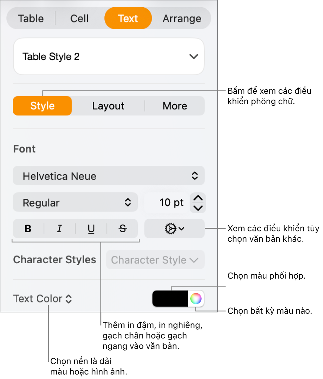 Các điều khiển để tạo kiểu văn bản của bảng.