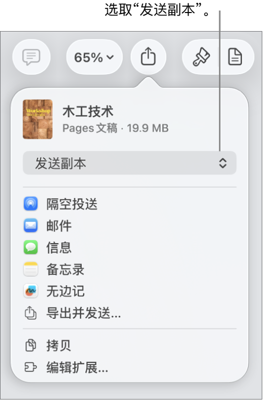 顶部已选中“发送副本”的“共享”菜单。