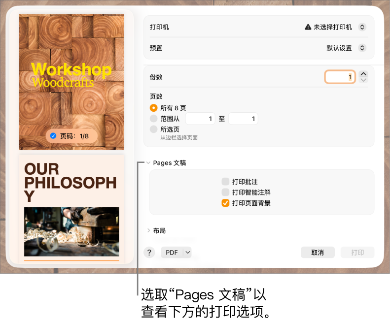 “打印”对话框,包含打印机、预置、份数和页码范围的控制。页码范围设置下方弹出式菜单中的“Pages 文稿”被选中,接着是打印批注、打印智能注解和打印页面背景的复选框。