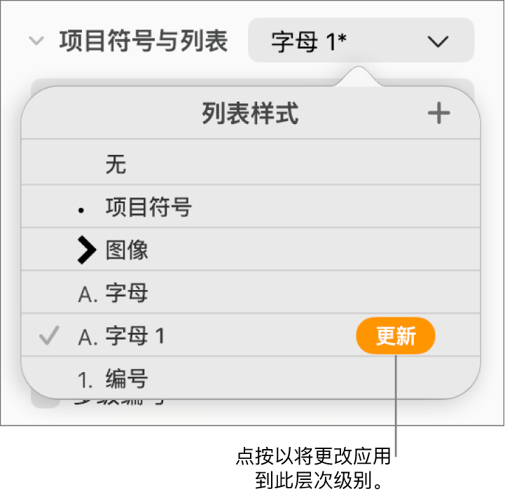 新样式的名称旁边具有“更新”按钮的“列表样式”弹出式菜单。