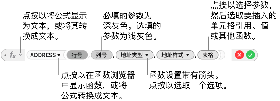 显示 ADDRESS 函数及其参数令牌的公式编辑器。